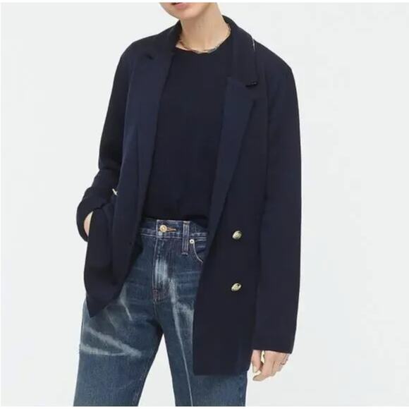 J.Crew Navy Blue Double-breasted Merino Wool sweater-blazer Medium AW040 relaxed - Picture 1 of 12